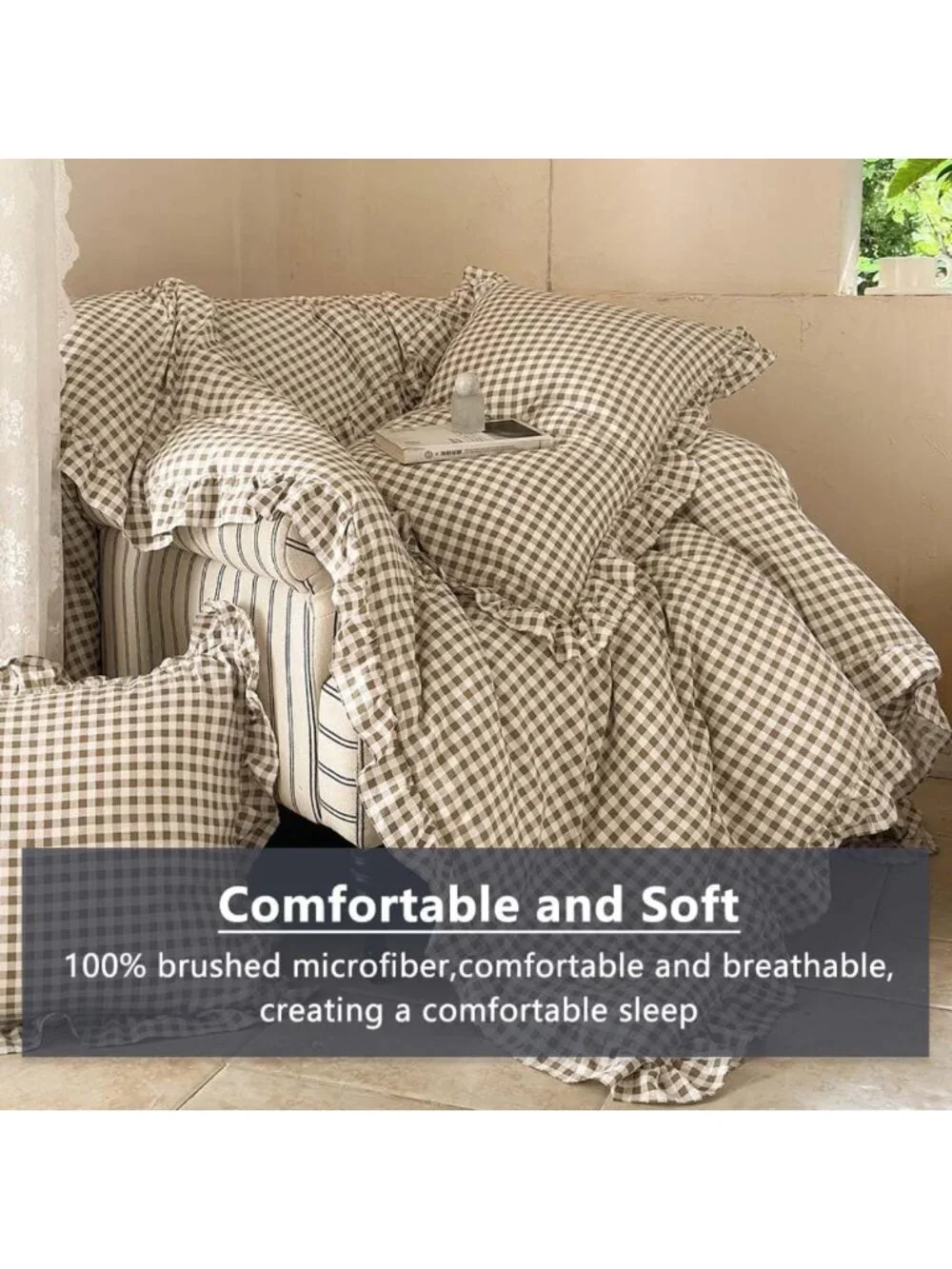 Tan Ruffled Gingham King Comforter Set | Cozy Bedding | Farmhouse Style Decor